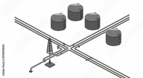 Railway crossing infrastructure with oil storage tanks.