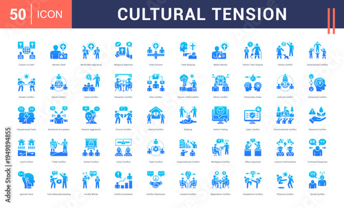 Cultural Tension Icon Set. culture vs faith, identity clash, mixed marriage issue, religious rejection, faith division and more. Glyph Gradient vector icons collection.