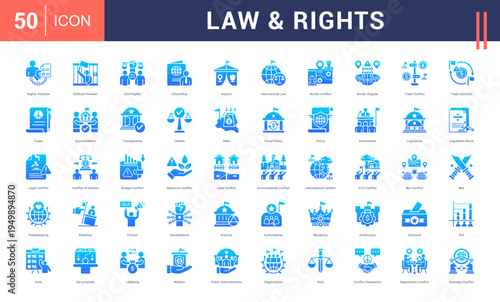 Law & Rights Icon Set. rights violation, political prisoner, civil rights, citizenship, asylum and more. Glyph Gradient vector icons collection.