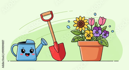 Smiling blue watering can with shovel and potted flowers on green background gardening tools