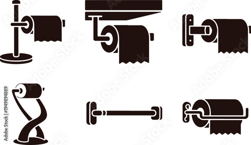 Various designs of toilet roll holders and dispensers for bathrooms