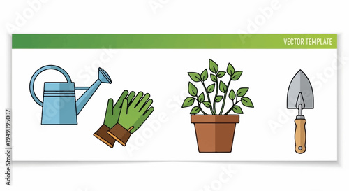 Gardening tools and plant care watering can gloves trowel potted plant green thumb gardening concept