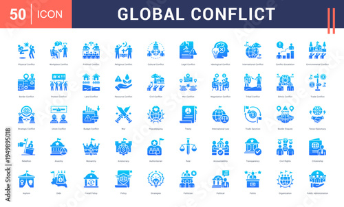 Global Conflict Icon Set. physical, workplace, political, religious, cultural and more. Glyph Gradient vector icons collection.