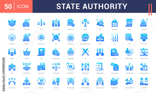 State Authority Icon Set. aristocracy, authoritarian, rule, accountability, transparency and more. Glyph Gradient vector icons collection.