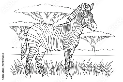 African Zebra Standing in Savanna Vector Illustration