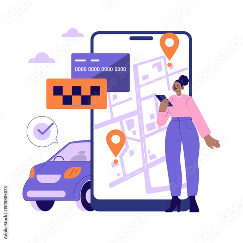Woman Using Ride-Sharing App on Smartphone Vector Illustration