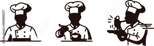 Three chefs demonstrating different culinary actions in a kitchen setting