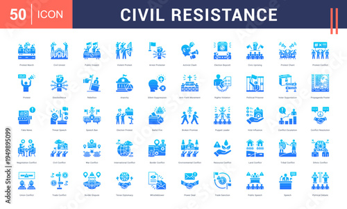 Civil Resistance Icon Set. protest march, civil unrest, public dissent, violent protest, arrest protester and more. Glyph Gradient vector icons collection.