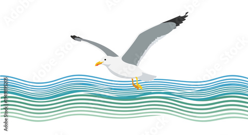 Vector seagull flying over wavy ocean water