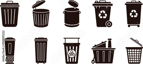 Collection of various recycling and waste disposal bin icons