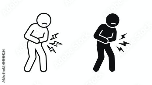 two stick figure icons of a man holding his stomach with lightning bolts signifying sharp abdominal pain on white background, symbolizing medical diagnosis or healthcare awareness campaign