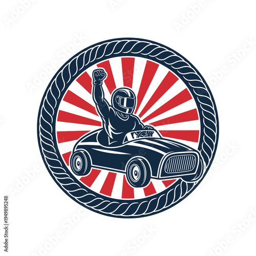 Racing driver in vintage car with raised arm in victory