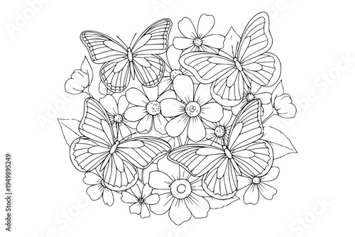 Butterflies and Flowers Garden Vector Illustration Outline for Coloring Book