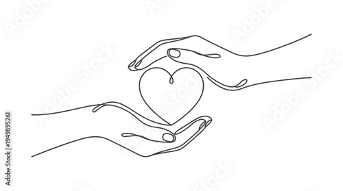 Minimalist continuous line drawing of human hands protecting and holding a heart shape on a clean white background, symbolizing healthcare support or emotional wellness and charity donation