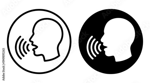 Human head profile silhouette icons with sound waves coming from the open mouth on white background, symbolizing voice command interface or audio communication technology