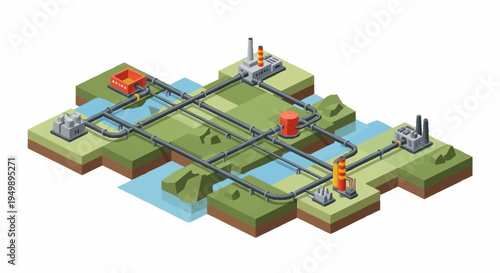 Isometric industrial area with pipelines and factories.