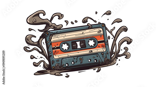Cassette Tape Illustration Vintage Analog Music with Dark Liquid Splatters and Grunge Texture Design