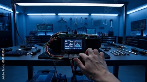 Close up of technician adjusting electronic device.