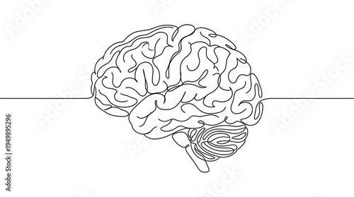 Continuous one line drawing of human brain anatomical organ silhouette on white background minimalist art, symbolizing mental health awareness or neurological science innovation