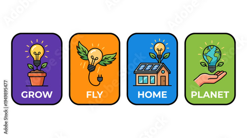 Set of flat colorful icons featuring lightbulb concepts for growth, freedom, green energy and global environment on rectangular badges, symbolizing sustainable innovation and eco friendly lifestyle