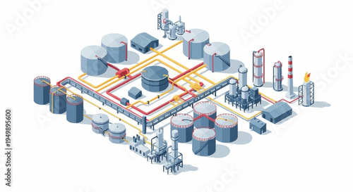 Isometric industrial complex with pipelines and storage tanks.