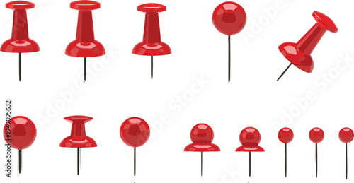 Red push pins and thumbtacks collection office bulletin board pins vector illustration set