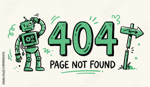 Hand Drawn 404 Error Page Not Found Illustration with Confused Robot