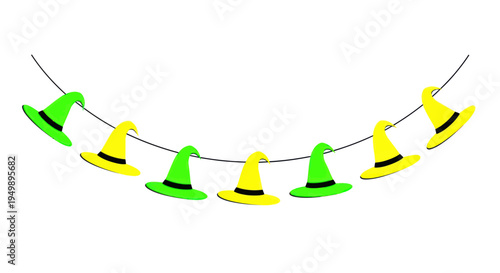 Halloween Witch Hat Garland Bunting Decoration - Green and Yellow Festive Party Decor