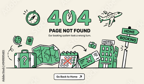 Creative 404 Error Page Design for Travel and Booking Website Illustration