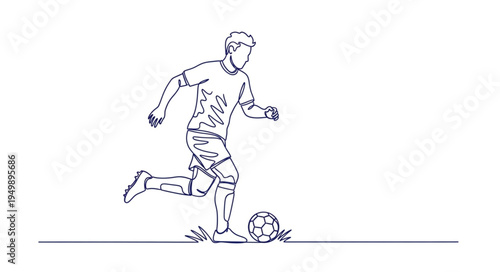 Soccer player kicking ball continuous line drawing.