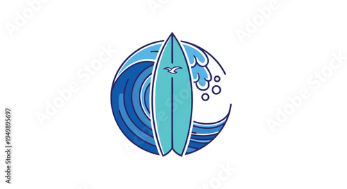 Vector surfboard icon with wave and bubbles