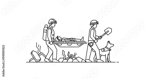 Rescue team carries injured person with search dog and equipment.