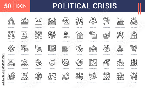 Political Crisis Icon Set. election dispute, protest march, campaign clash, civil unrest, political scandal and more. Line vector icons collection.