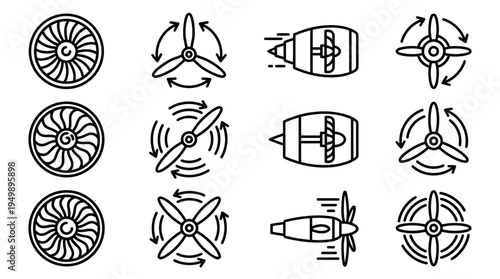Collection of aircraft engine and propeller outline icons showing jet turbines and rotating blades on a white background, symbolizing aviation engineering and aerospace technology