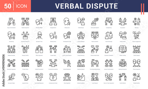 Verbal Dispute Icon Set. angry conversation, heated argument, shouting match, disagreement, yelling face and more. Line vector icons collection.