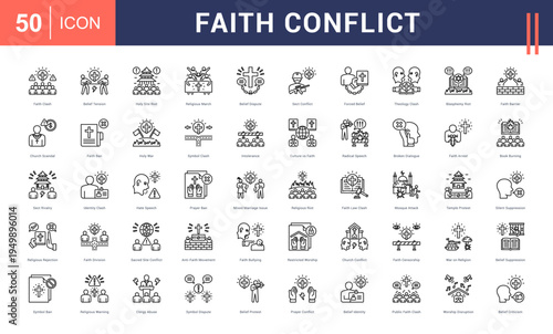 Faith Conflict Icon Set. faith clash, belief tension, holy site riot, religious march, belief dispute and more. Line vector icons collection.