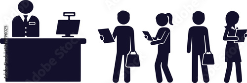 Professional receptionist assisting visitors at a front desk with modern technology