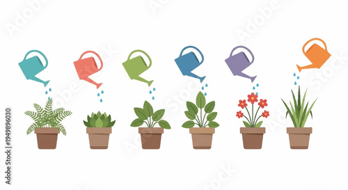 Colorful potted plants with watering cans gardening concept growth and nurturing vibrant flowers and green leaves in brown pots on white background