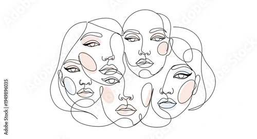 Abstract line art faces with blush accents.