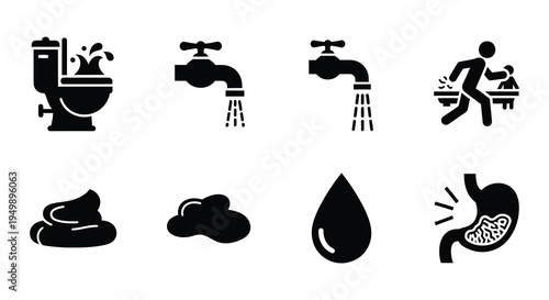 Black silhouette icons depicting bathroom facilities and related bodily functions