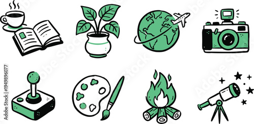 Collection of Hand Drawn Green Doodle Icons Representing Various Hobbies