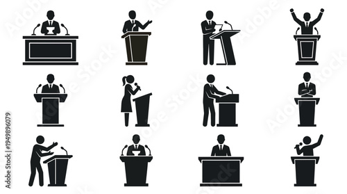 Collection of black silhouette icons showing various speakers and presenters standing at a podium with microphones, symbolizing professional public speaking or corporate leadership training