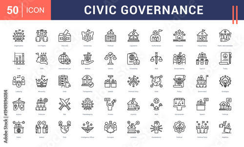 Civic Governance Icon Set. organization, civil rights, electoral, aristocracy, political and more. Line vector icons collection.