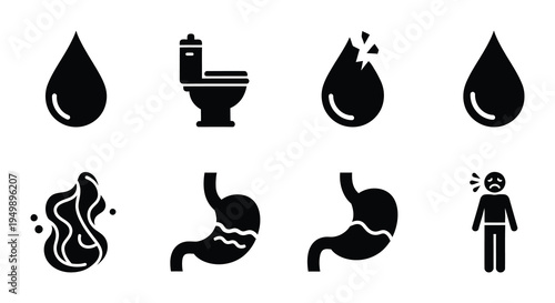 Black silhouette icons depicting bathroom facilities and related bodily functions