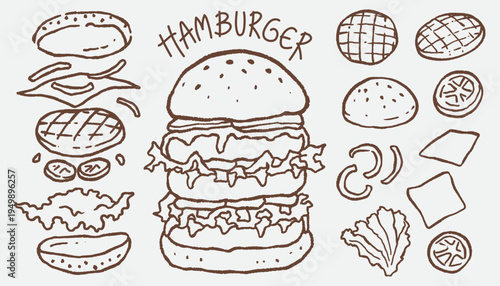 Hand draw hamburger doodles elements on white background . Vector illustration of fast food icons in naive art style. decoration clip art for poster template, menu, cafe, shop, branding fast food.
