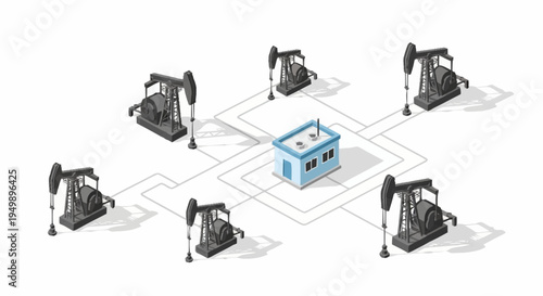 Industrial oil pumps connected to central building.