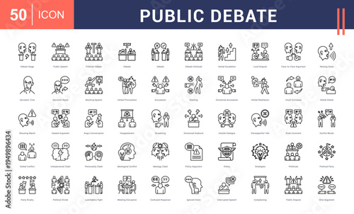 Public Debate Icon Set. debate stage, public speech, political debate, debate, debate and more. Line vector icons collection.