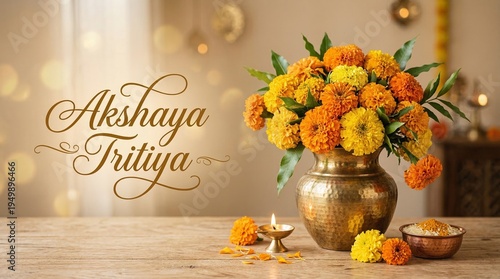 Akshaya Tritiya text with marigold bouquet in brass pot on wooden table, festive greeting background