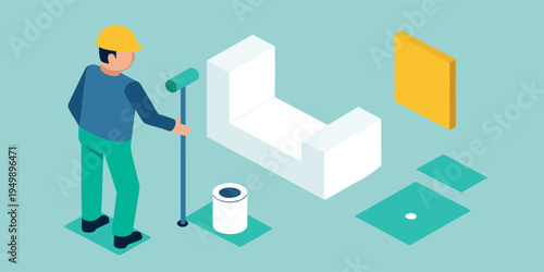 An isometric character wearing a yellow safety helmet stands with a paint roller next to abstract white furniture and green mats on a teal background.