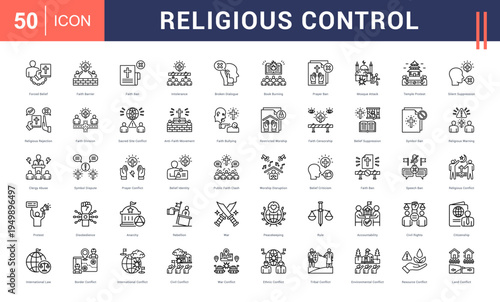 Religious Control Icon Set. forced belief, faith barrier, faith ban, intolerance, broken dialogue and more. Line vector icons collection.